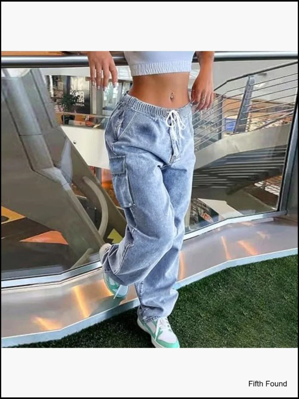 Mid Rise Cargo Jeans Elastic Waist Stretch Wide Leg Denim Pants with Pockets - Picture 2 of 7